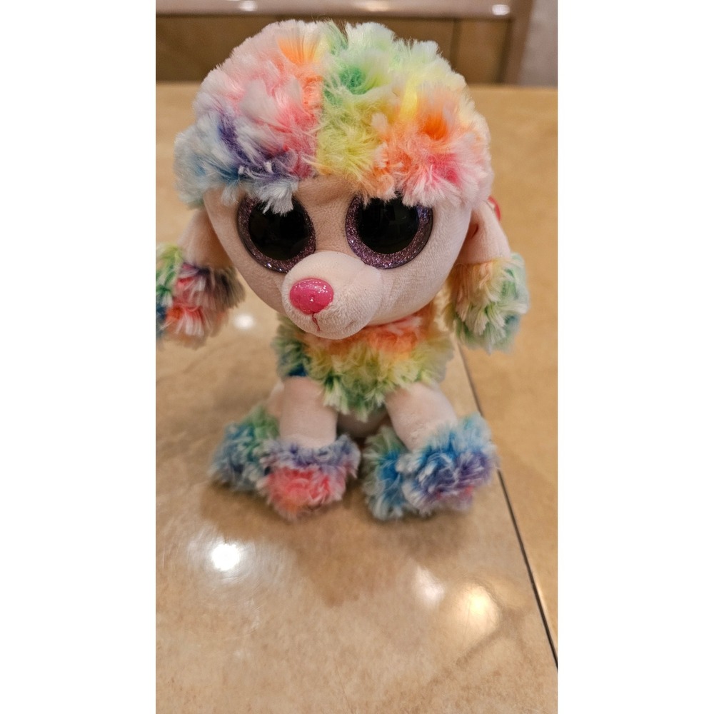 Ty Beanie Boo Rainbow Poodle Plush Toy Sparkly Eyes Pink Nose 6‎ inch